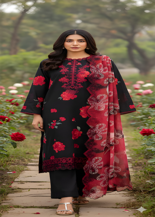 Black & Red Floral Embroidered Lawn Suit for Women