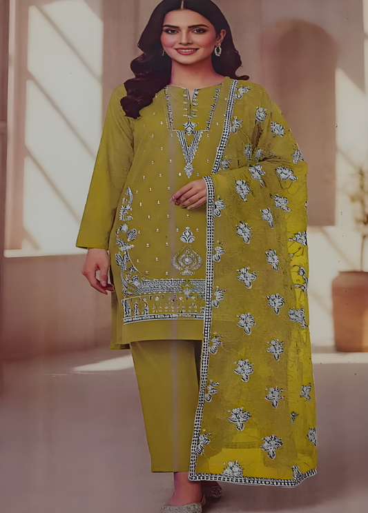 3-Piece Olive Green Embroidered Stitched Lawn Suit