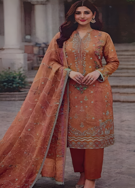 Rust Orange Embroidered 3-Piece Suit