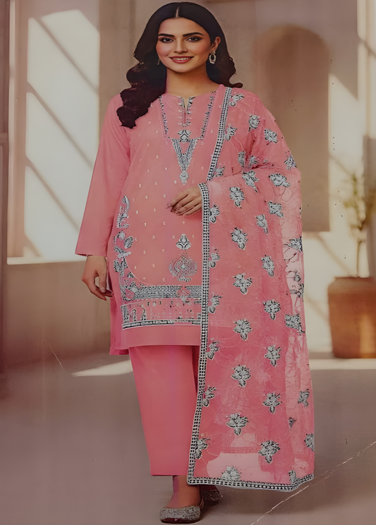 Elegant Pink Embroidered Lawn Suit with Printed Dupatta