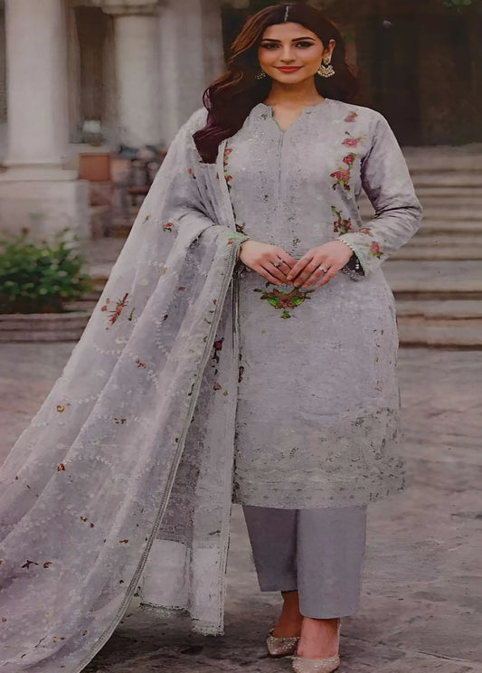 3-piece Grey Embroidered Lawn Suit with Floral Dupatta Modishly Outlet