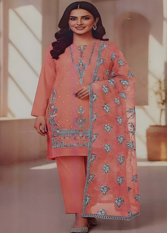 Peach Embroidered Lawn Suit – 3 Piece Stitched