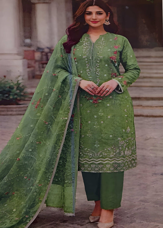 Olive Green Embroidered Lawn Suit – 3 Piece Stitched
