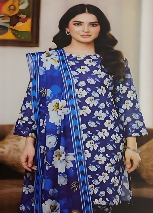 Royal Blue Floral Printed Lawn Suit – 3 Piece Stitched