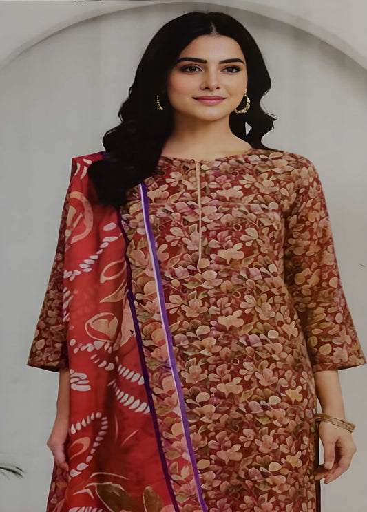 Rich Maroon Floral Printed Lawn Suit – 3 Piece Stitched