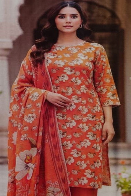 Zesty Orange Floral Printed Lawn Suit – 3 Piece Stitched