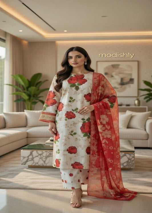 Elegant White Floral Printed 3-Piece Lawn Suit