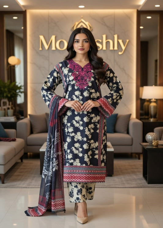 Black Embroidered Neckline Printed 3-Piece Suit