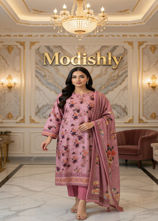 Pink Floral Print 3-Piece stitched Lawn suit