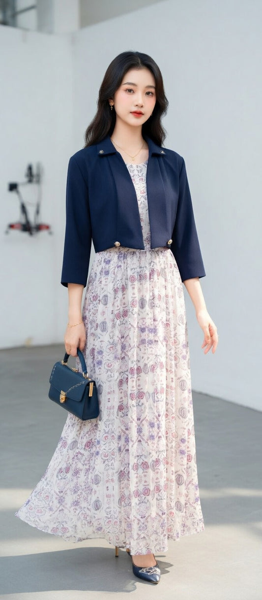 Modishly 2-piece Elegant Floral Maxi skirt Dress with Navy blue Cropped Jacket for summer wear. Modishly USA