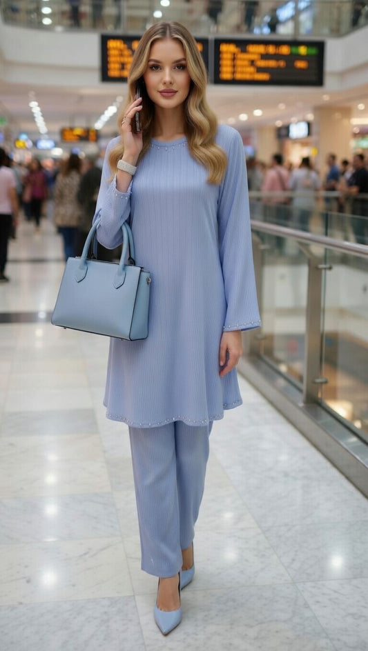 Modishly 2- piece Pastel Blue Luxury Co-Ord Set | Elegant Modest Outfit Modishly USA