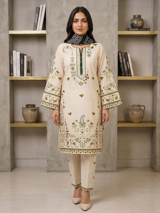 Elegant Off-White Embroidered Cotton Suit