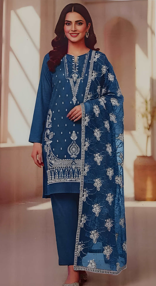 Classic Blue Embroidered Lawn Suit with Printed Dupatta