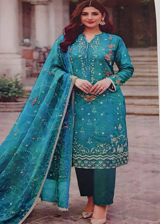 3-Piece Teal Embroidered Stitched Suit