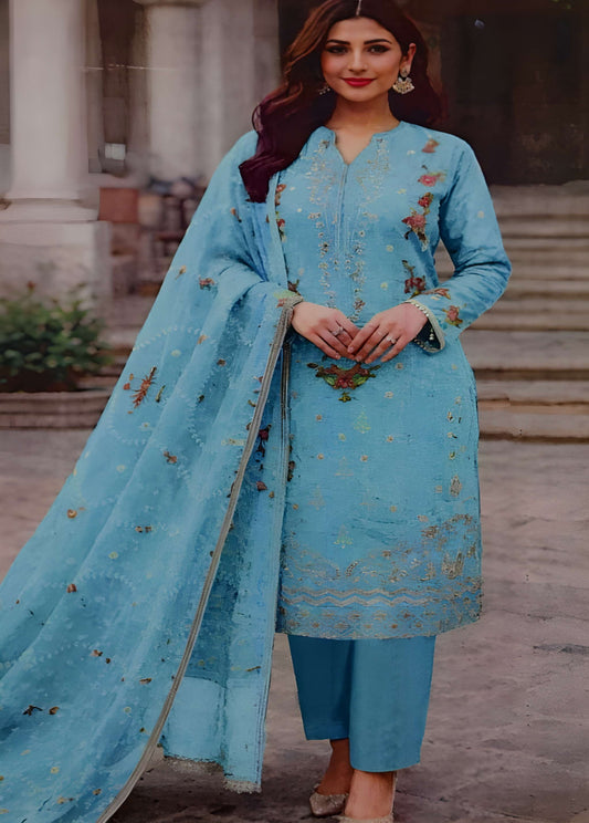 Sky Blue Embroidered Lawn Suit – 3 Piece Stitched