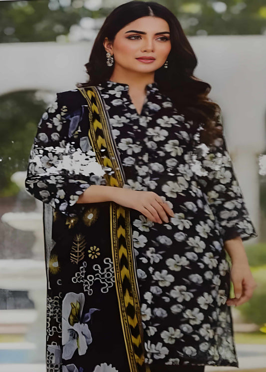 Chic Black & White Floral Printed Lawn Suit – 3 Piece Stitched