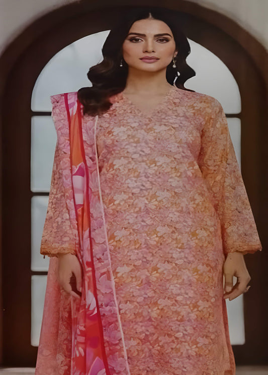 Elegant Peach Floral Printed Lawn Suit – 3 Piece Stitched
