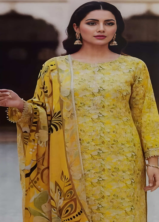 Sunny Yellow Floral Printed Lawn Suit – 3 Piece Stitched