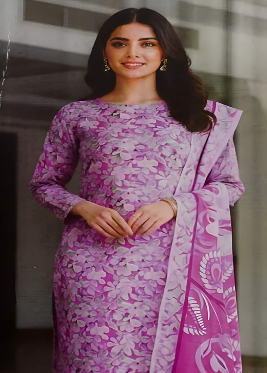 Charming Lavender Floral Printed Lawn Suit – 3 Piece Stitched
