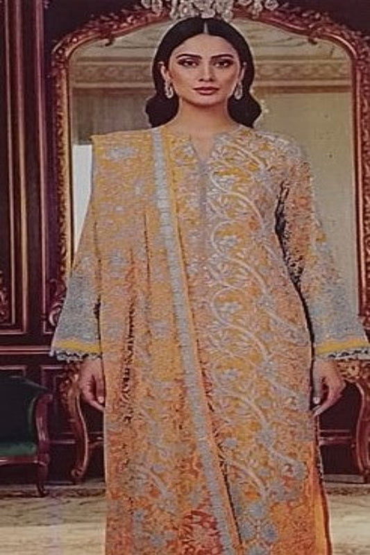 Elegant Golden Embroidered Lawn Suit – 3 Piece Stitched