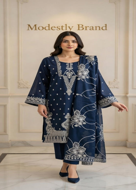 Midnight Blue Embroidered 3-Piece  Luxury Lawn
