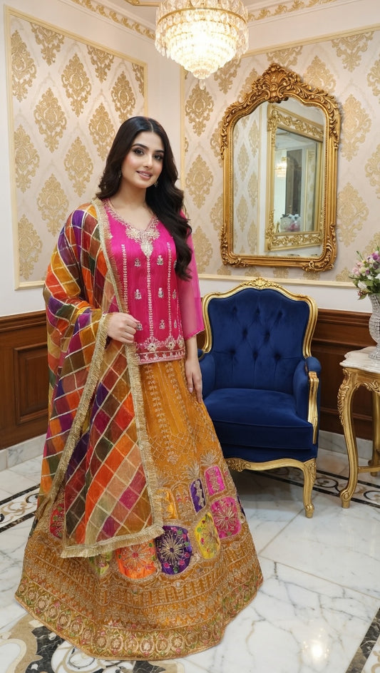 Modishly Pink & Mustard Embroidered Silk Lehenga Choli with Multicolor fancy Net Dupatta Modishly Outlet