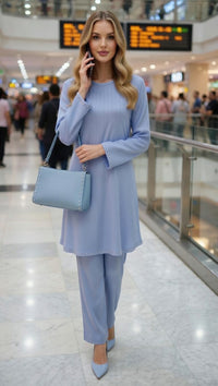 Modishly 2- piece Pastel Blue Luxury Co-Ord Set | Elegant Modest Outfit Modishly USA