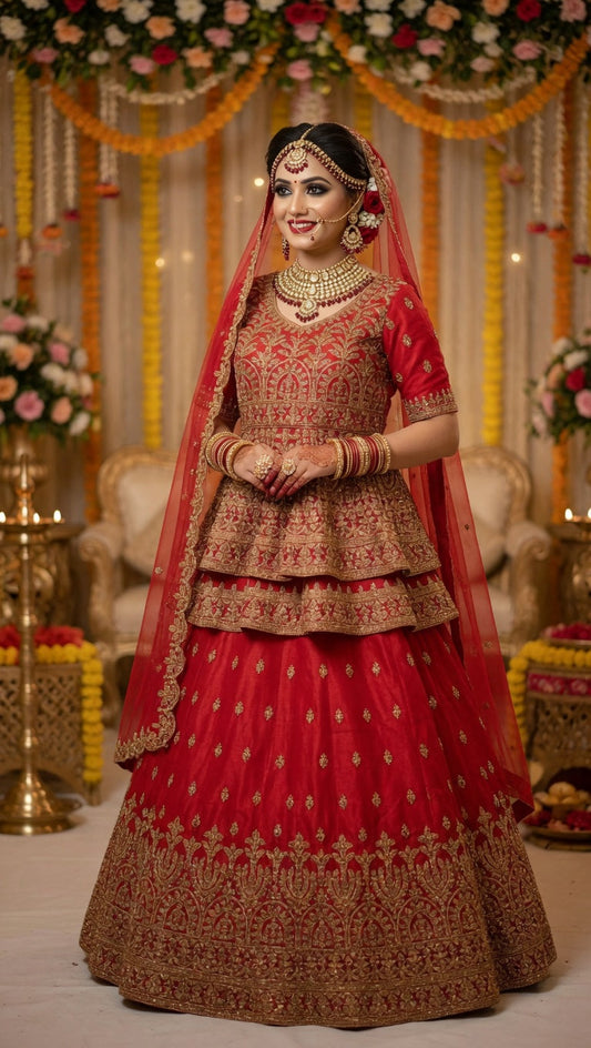 Red Peplum Bridal Lehenga with Heavy stone work and Golden Embroidery | Pakistani Indian Wedding Lehenga Choli Modishly USA
