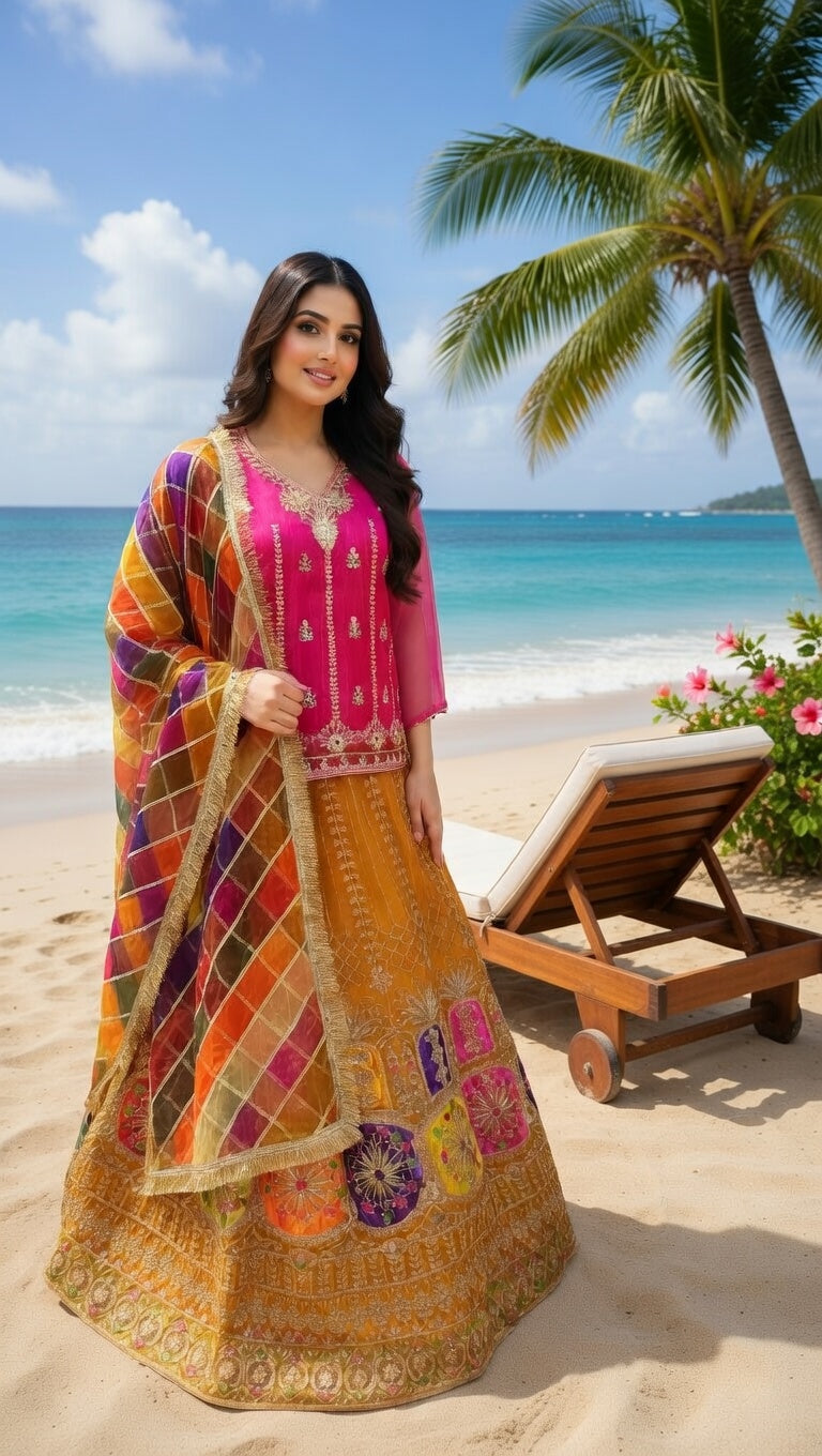Modishly Pink & Mustard Embroidered Silk Lehenga Choli with Multicolor fancy Net Dupatta Modishly Outlet