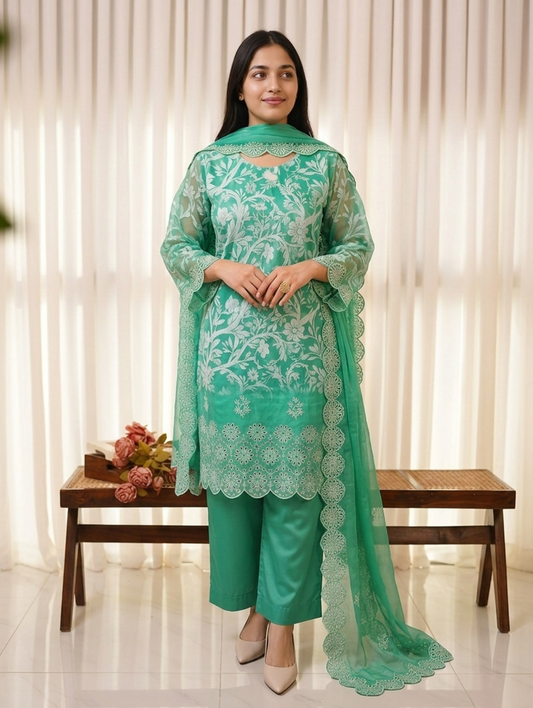 Emerald Green Embroidered Organza Suit on 20% Discount